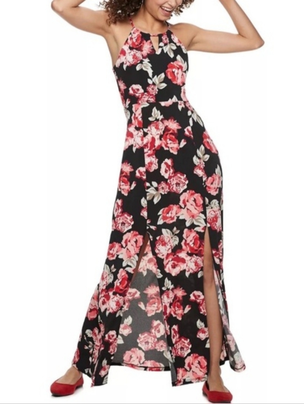 Candie's Black Maxi Dress with Pink Floral Print